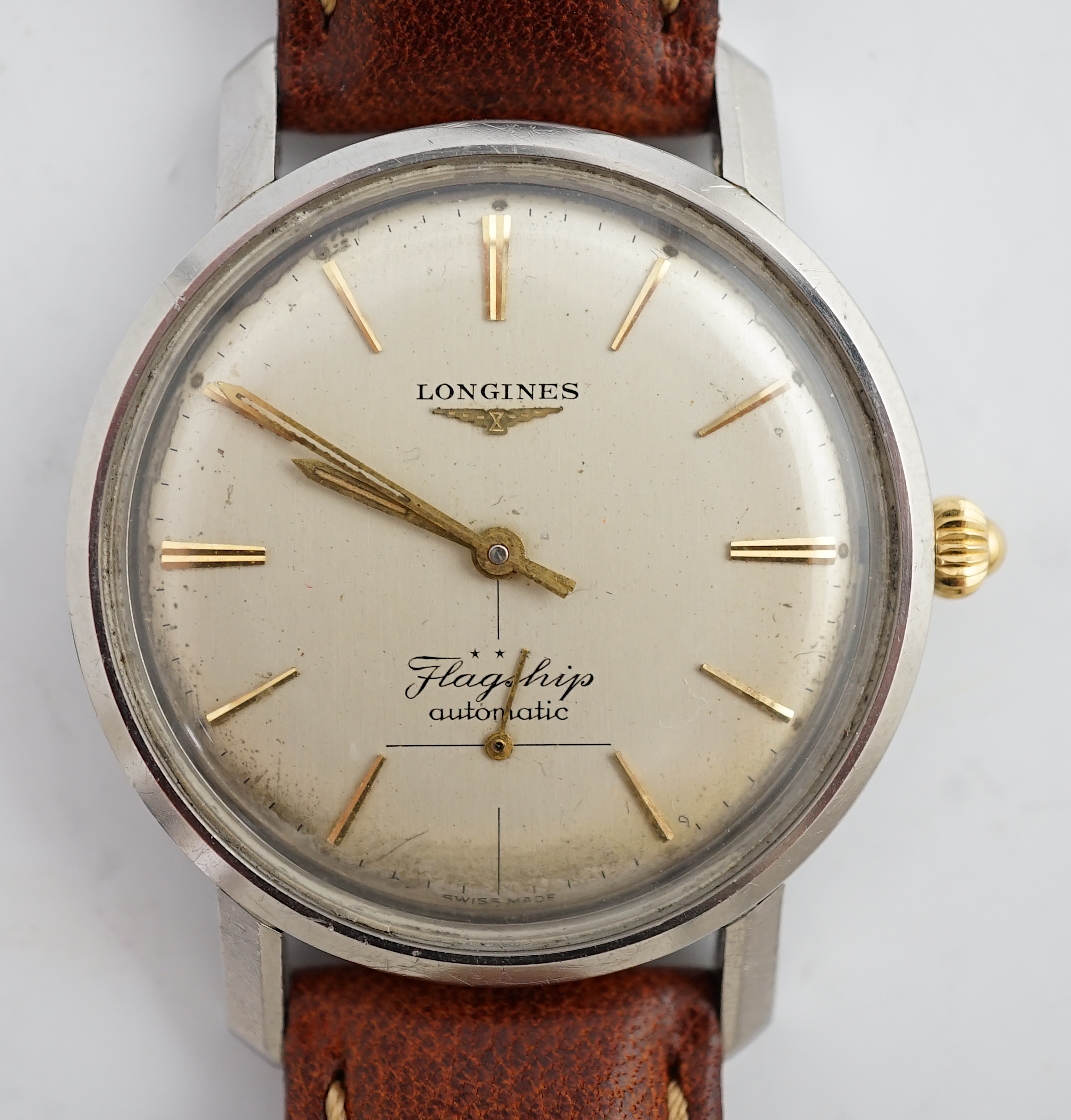 A gentleman's stainless steel Longines Flagship automatic wrist watch, on a later associated leather strap